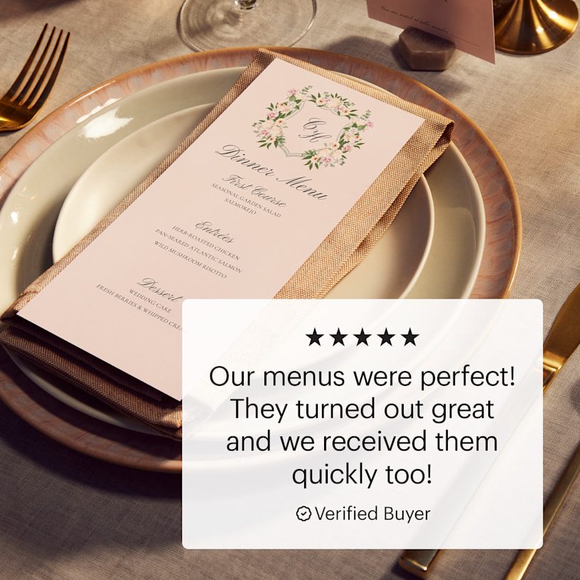 A menu personalized for a wedding with a review: “Our menus were perfect! They turned out great and we received them quickly too!” 