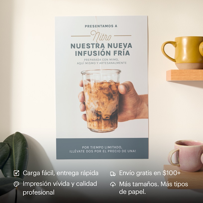 Un cartel amarillo brillante colgado en una pared de ladrillos promocionando una exhibición de arte. Los beneficios destacados incluyen impresión vívida, carga fácil, más tamaños y tipos de papel y envío gratis y rápido.