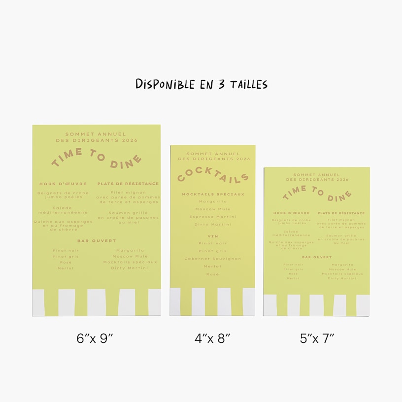 Trois modèles de menus d’événement présentés côte à côte pour montrer les formats de 6 × 9 po, 4 × 8 po et 5 × 7 po. 