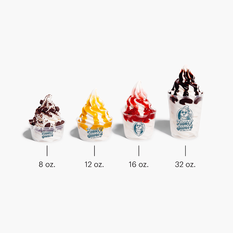4 plastic ice cream cups with a variety of ice cream flavors and toppings showcasing the 4 available sizes.