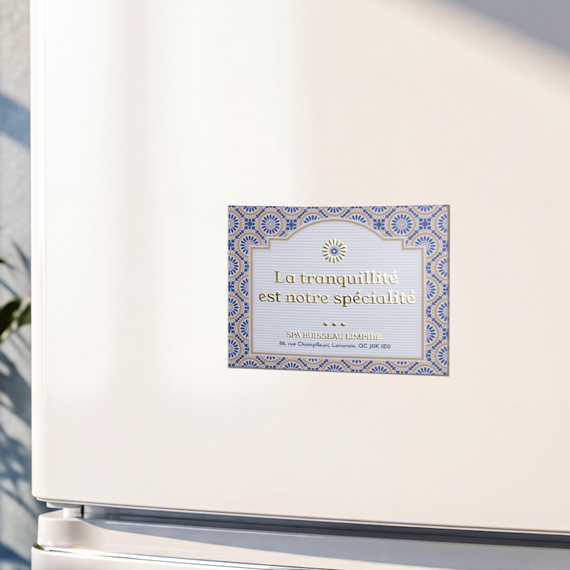 Une carte postale aimantée avec effet métallisé doré en relief provenant d’un spa, fixée sur un réfrigérateur blanc.