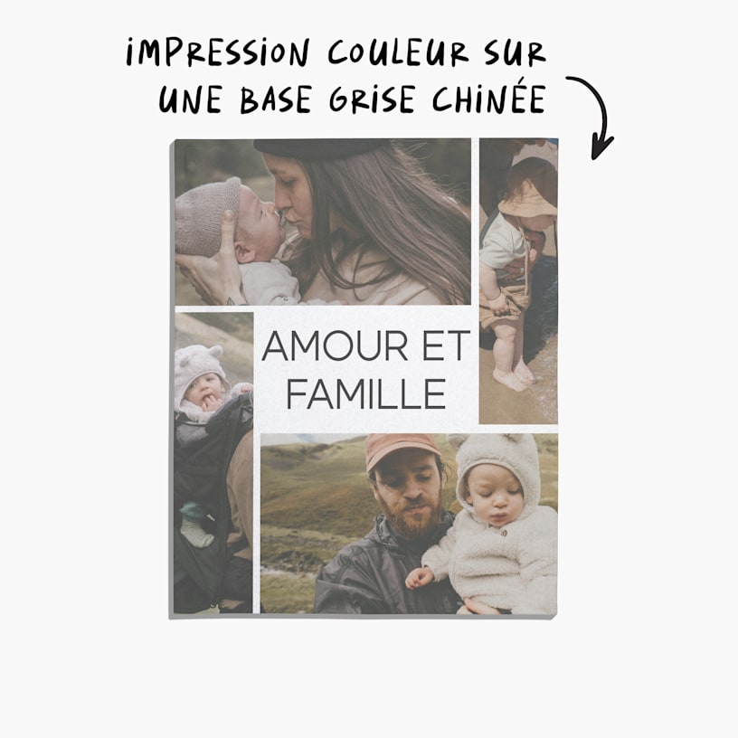 Une couverture en molleton personnalisée avec des photos de famille, accompagnée d’une note indiquant « impression couleur sur base gris chiné ».