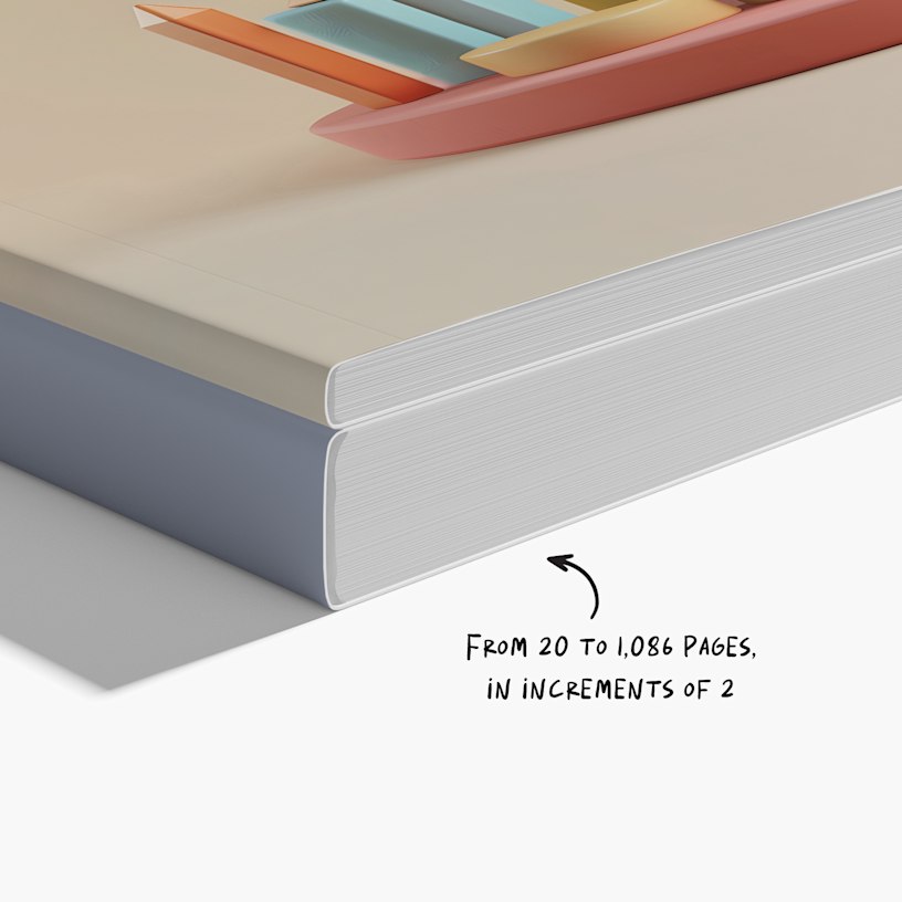 A close-up of a thin, perfect-bound booklet stacked on top of a thick perfect-bound booklet with a written note, "From 20 to 1,086 pages, in increments of 2."
