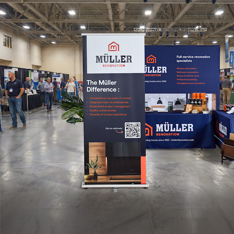 A retractable banner promoting a home renovation business. Highlighted benefits include the pre-assembly, easy upload, 1000s of designs and fast, free shipping. 
