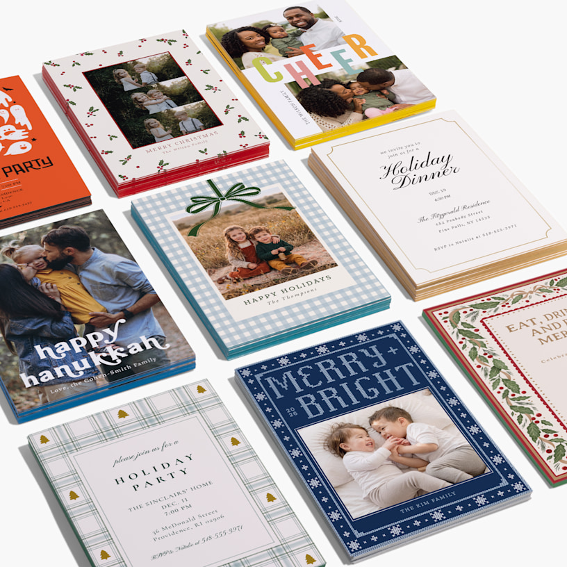 A variety of painted edge cards and invitations for various holiday events. 