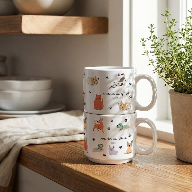Duas canecas de cerâmica brancas empilhadas sobre uma bancada de madeira, a de cima impressa com gatos e o texto "cat lover – Olivia", e a de baixo ilustrada com cães e o texto "dog lover – John", com uma erva aromática em vaso ao fundo.