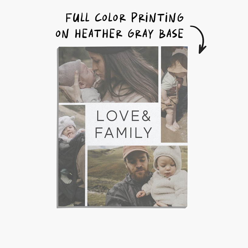 A sweatshirt blanket personalized with family photos, with a note that reads “full-color printing on heather gray base”.