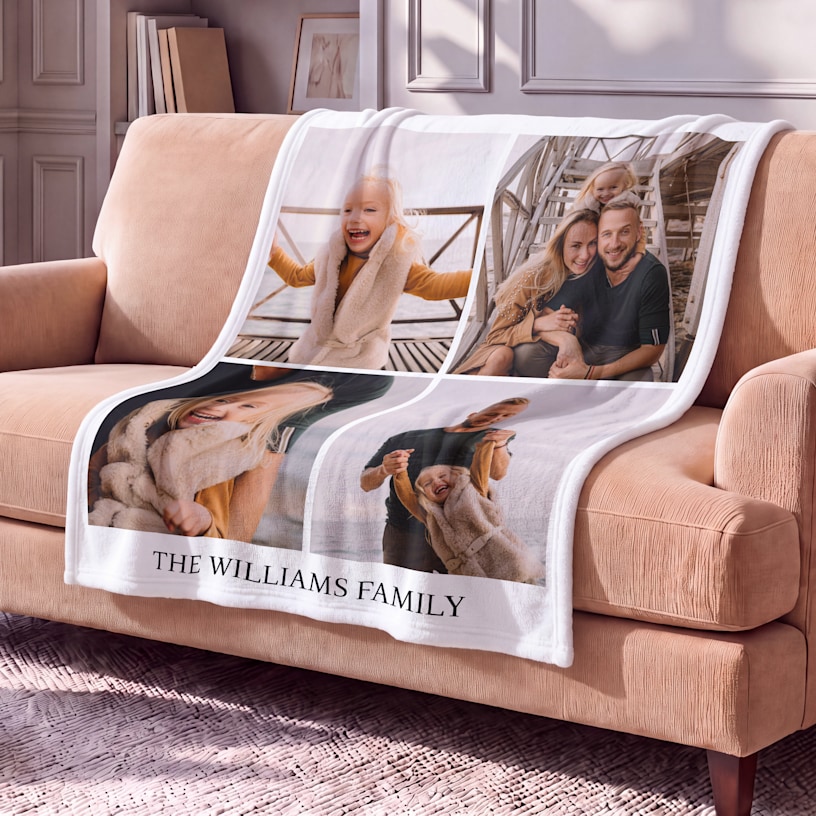 A personalized blanket featuring a collage of family photos and a family name. 