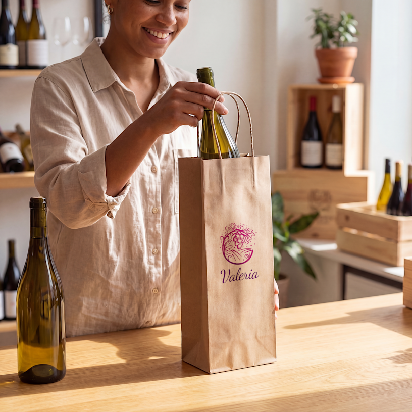 A woman packing a bottle of wine into a brown kraft wine bag.
