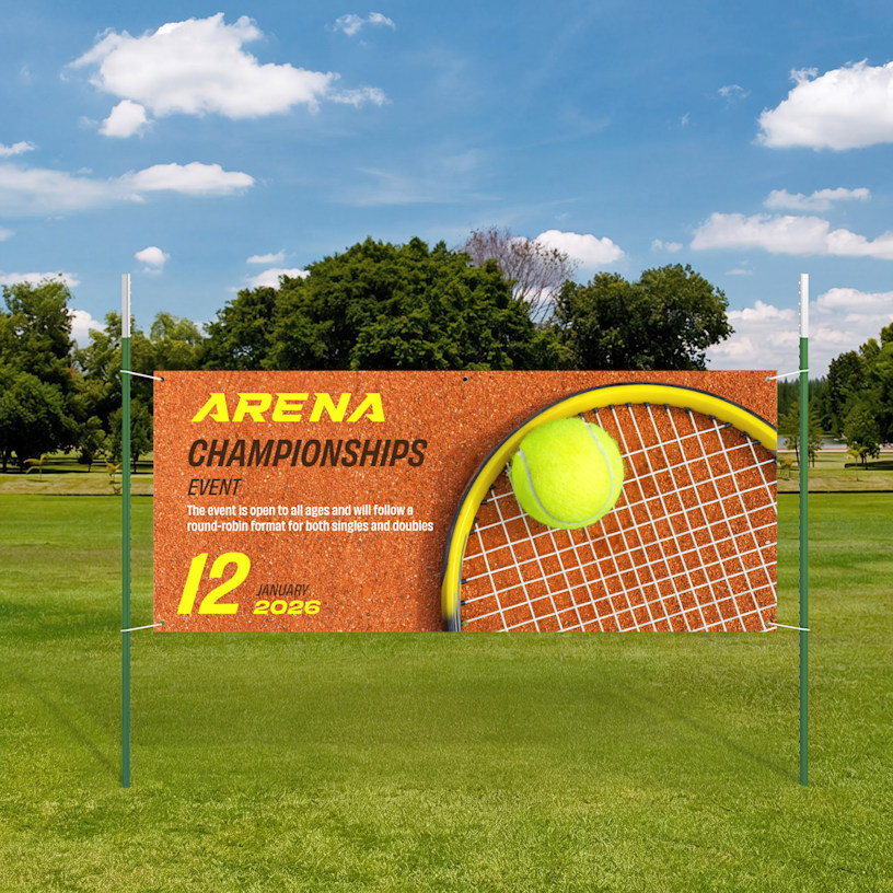 A tennis banner held up by 2 6 ft T-Posts.