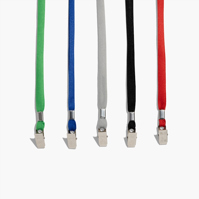 5 colored lanyards in green, blue, gray, black, and red, each with a matching silver metal bulldog clip attachment at the base for badge display.