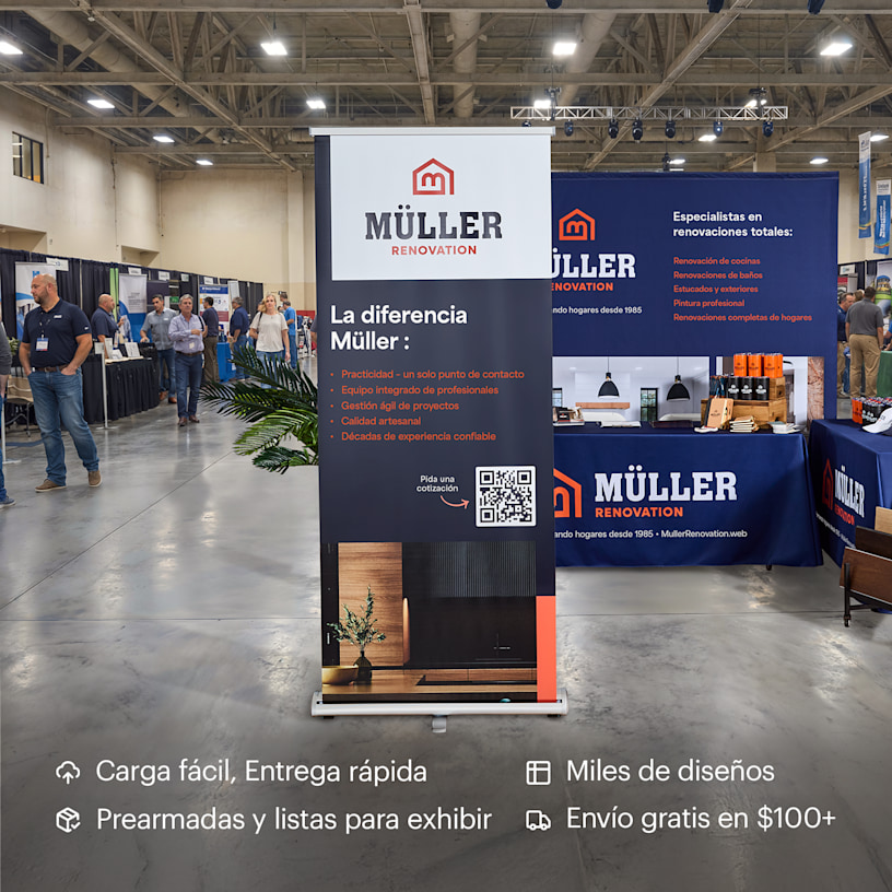 Una lona retráctil promocionando una empresa de renovaciones del hogar. Los beneficios destacados incluyen: que vienen preensambladas, puede subir su archivo fácilmente, miles de diseños y envío rápido y gratis. 