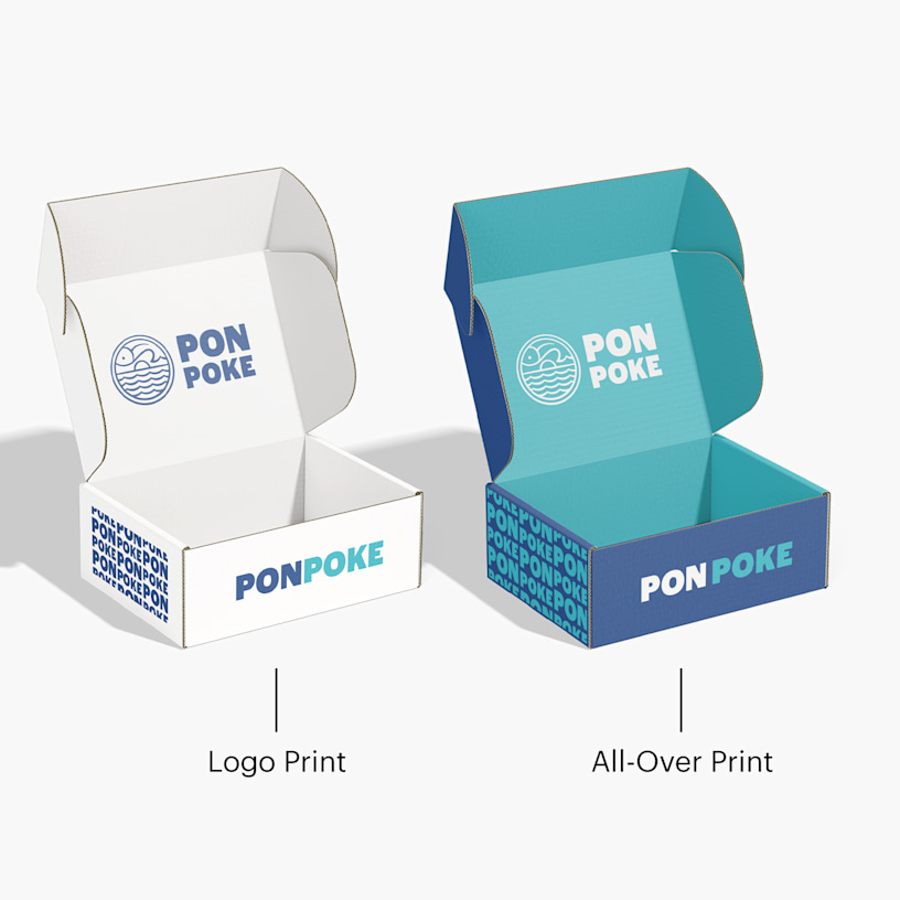 2 poke restaurant custom mailer boxes side by side. One features a logo print and the other with an all-over print.