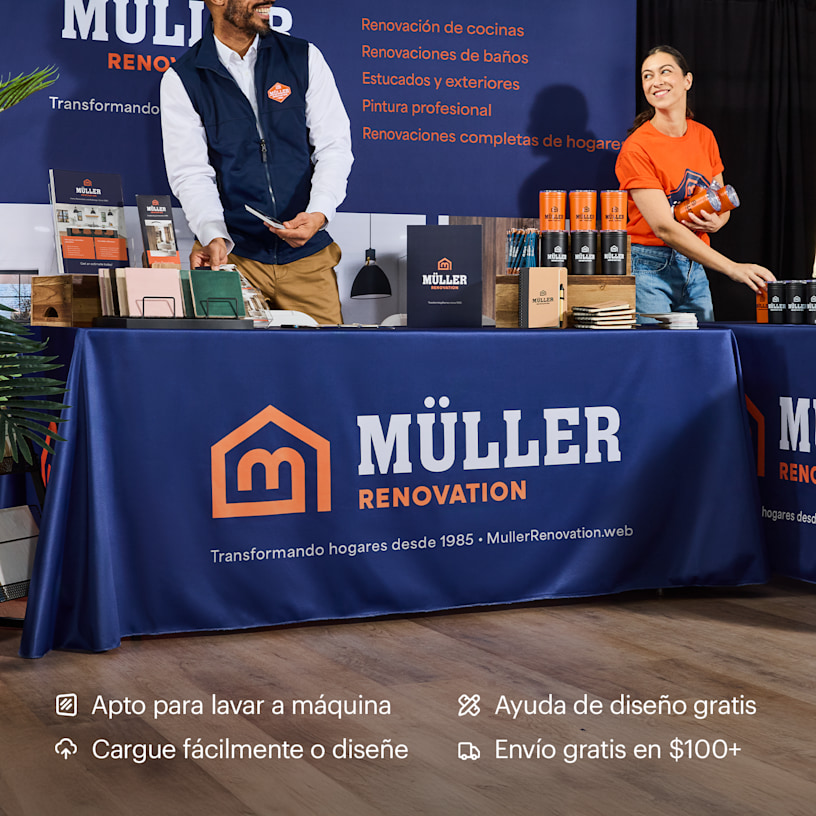 Un mantel publicitario personalizado promocionando una empresa de renovaciones del hogar. Los beneficios importantes incluyen que se pueden lavar en lavadora, puede subir sus archivos fácilmente o diseñar (con asistencia gratis) y obtener envío gratis.