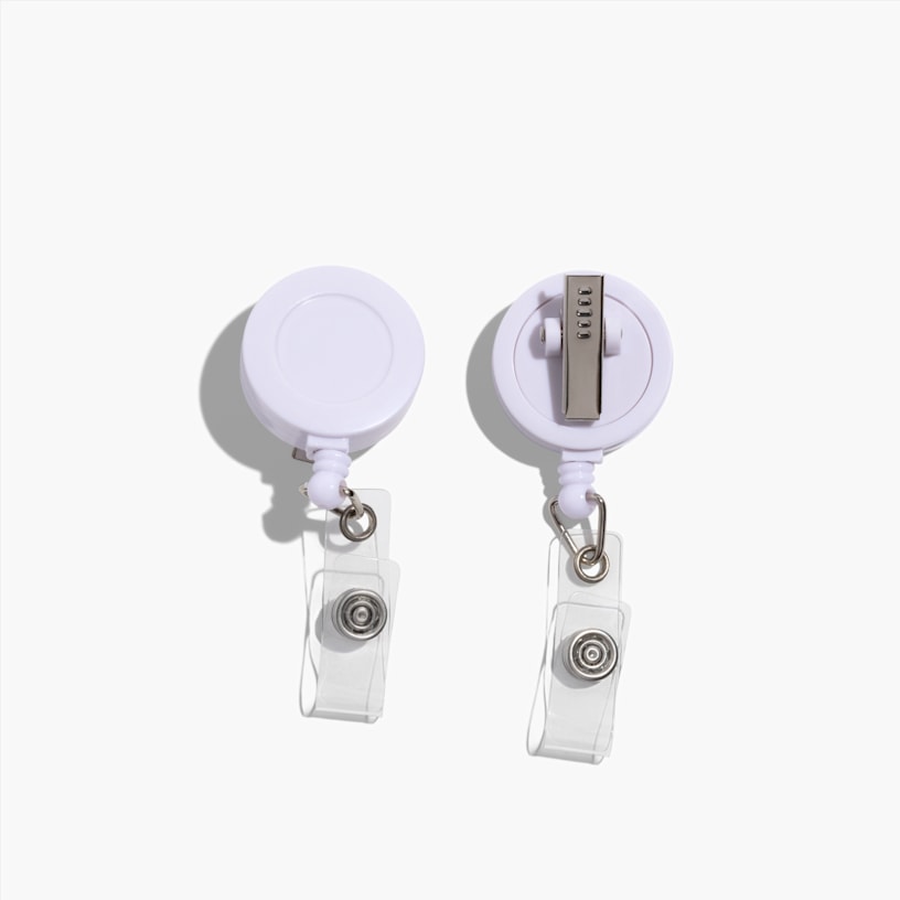 2 white retractable ID badge holders with a retractable reel and an alligator clip, shown from front and back views, and featuring clear plastic snap-straps.