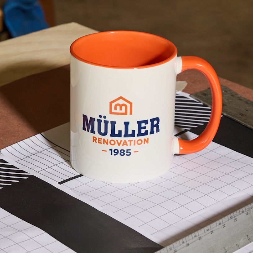 A mug customized for a construction business.  