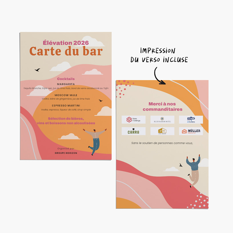Le recto et le verso d’un menu de bar personnalisé pour un événement d’entreprise. 