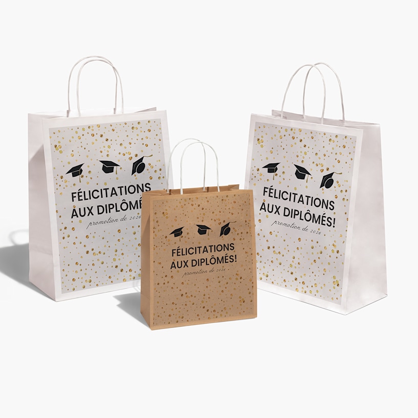 Sac de fête pour enfants arborant des côtés multicolores et un imprimé multicolore sur le devant blanc. 