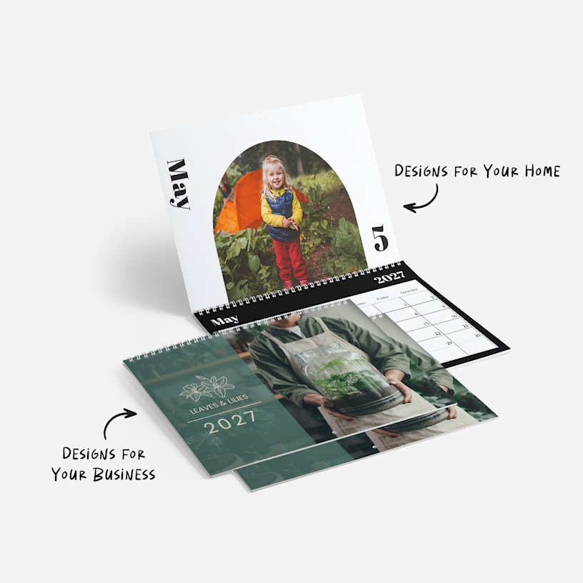 Two custom wall calendars. One features a photo of a little girl camping and the other features the logo and name of a plant shop. Notes say there are  calendars designs for your home and your business. 