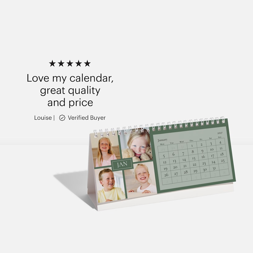 A custom desk calendar featuring photos of children and a customer review: “Love my calendar, great quality and price.”