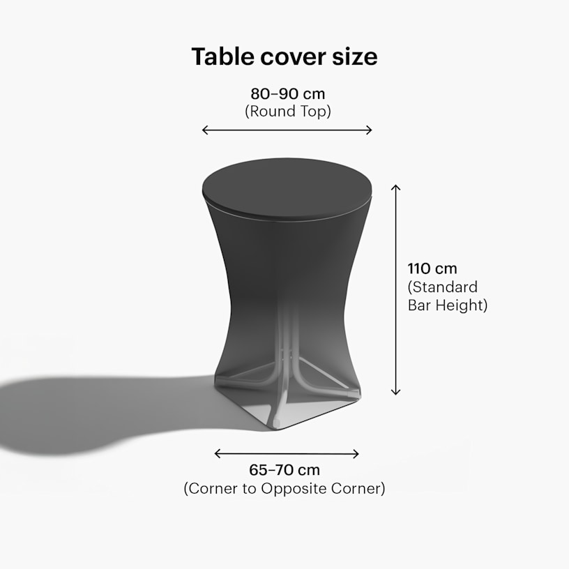 A size guide for round stretch tablecloths showing top diameter, bottom diameter and height measurements.