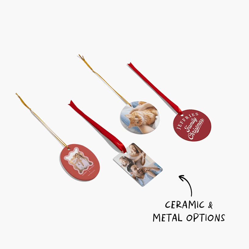 A variety of custom photo ornaments, with a note that ceramic and metal options are available.