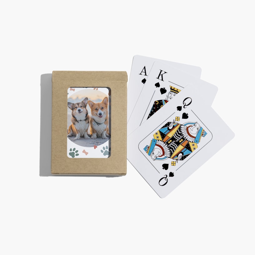 Custom playing cards in a kraft paper case with a pet design. 