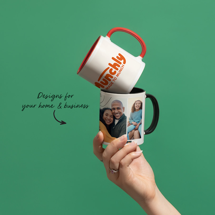 A collection of 7 custom mugs with photos and designs, with a note that there are 8 accent colour options available. 