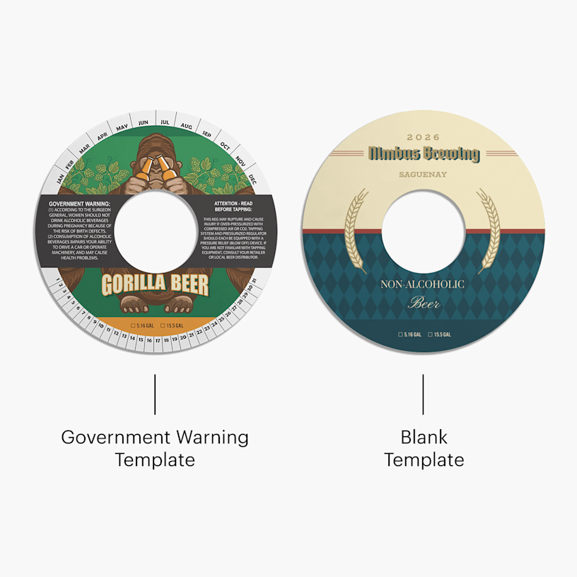 A government warning and blank keg collar template side-by-side.