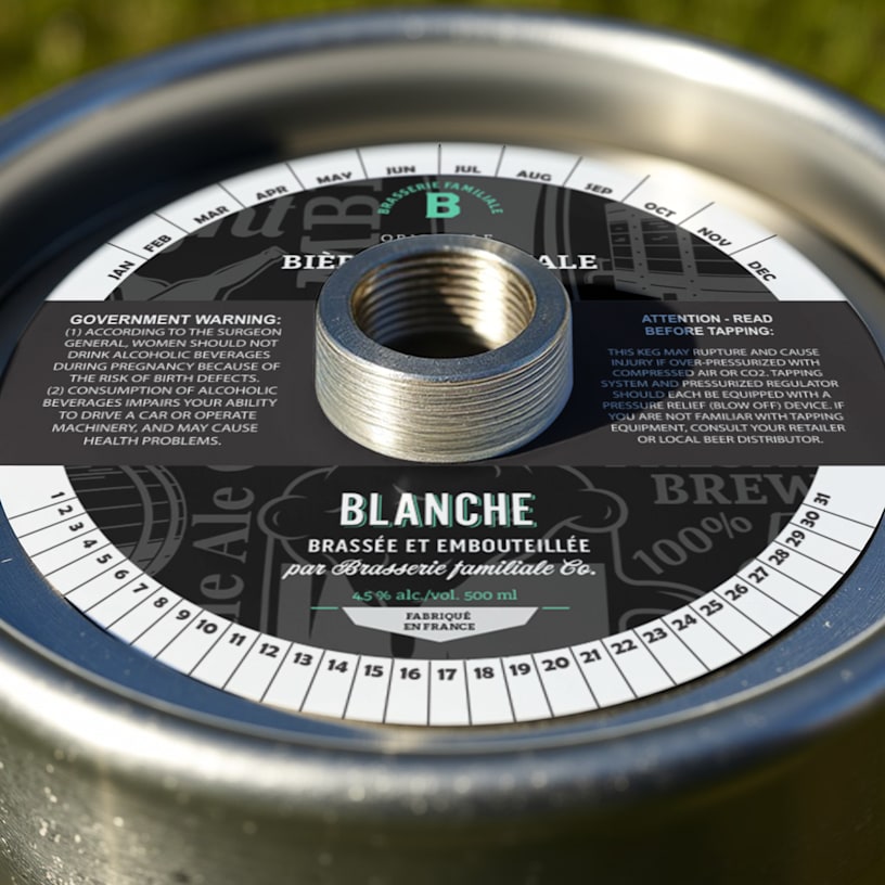 Une collerette de fût pour bière blonde affichant un modèle d’avertissement gouvernemental.