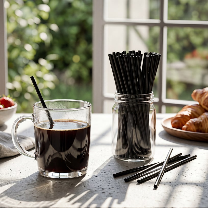Un recipiente lleno de mezcladores de café plásticos color negro al lado de una taza de café con un mezclador de café negro adentro.