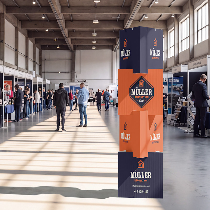 Un tótem de cubos triangular promocionando a una empresa de reformas en una feria comercial.