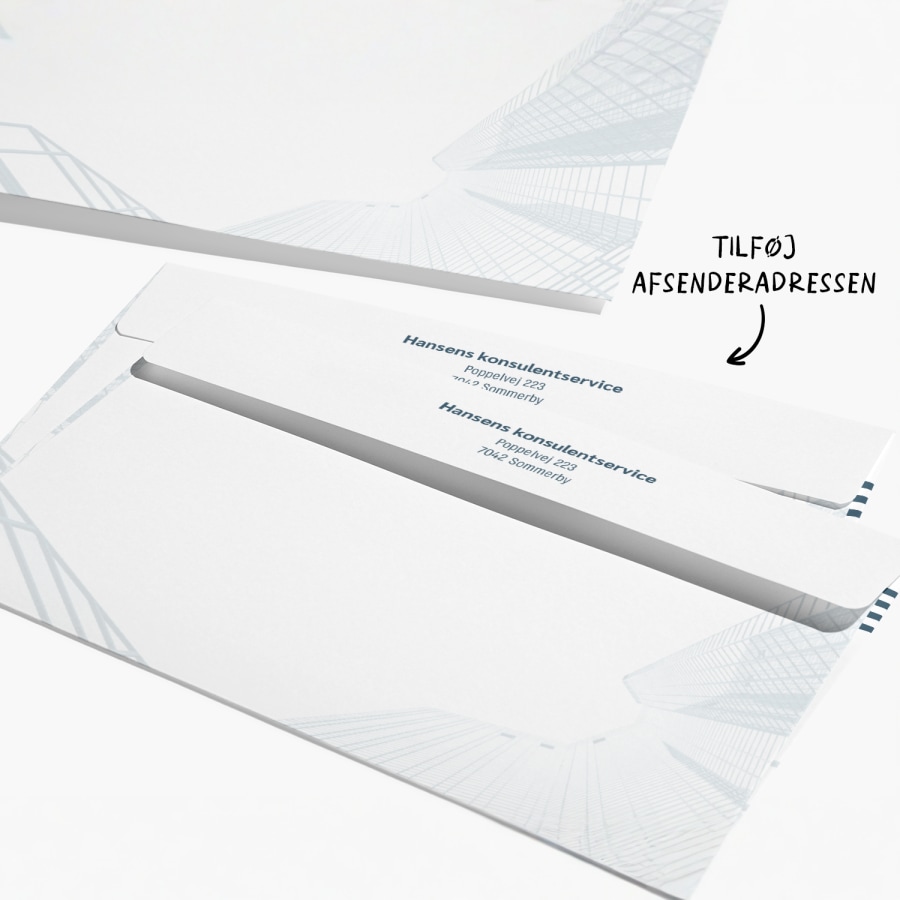 Rudekuverter trykt med adressen på en rådgivningstjeneste på flappen med en note om, at du kan tilføje din afsenderadresse. 