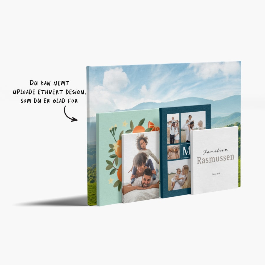 Fotolærreder i forskellige størrelser med en række forskellige billeder med en bemærkning om, at du kan uploade ethvert design, du elsker. 