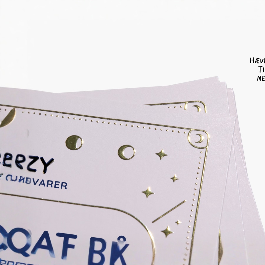 Et nærbillede af et visitkort med logo og tekst i guldfarvet folietryk.