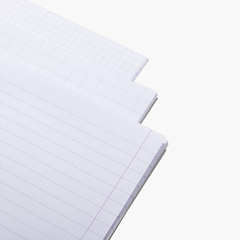 Tre muligheder for notesbogens sidelayout, der viser indvendige sider med gitter, prikker og linjer.