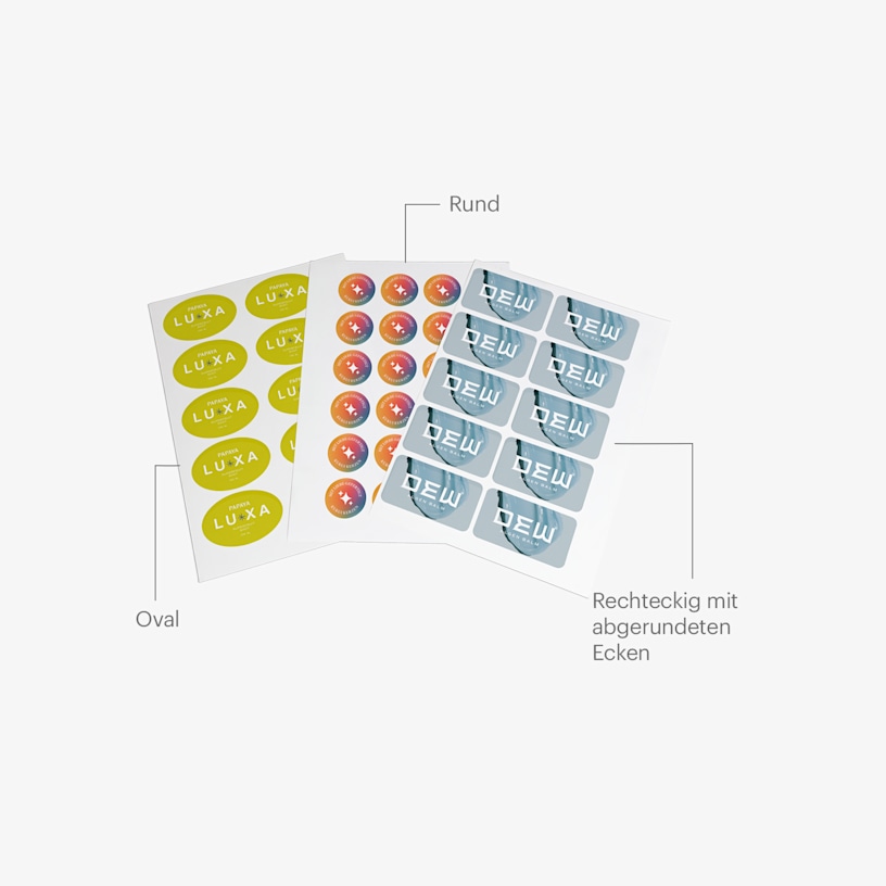 3 Aufkleberbögen mit Hinweisen zu den verschiedenen Formen: oval, rund und rechteckig mit abgerundeten Ecken.