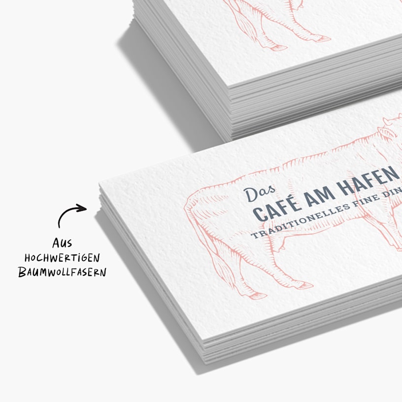 Visitenkarten für ein Edelrestaurant und der Hinweis, dass sie aus hochwertigen Baumwollfasern hergestellt werden.