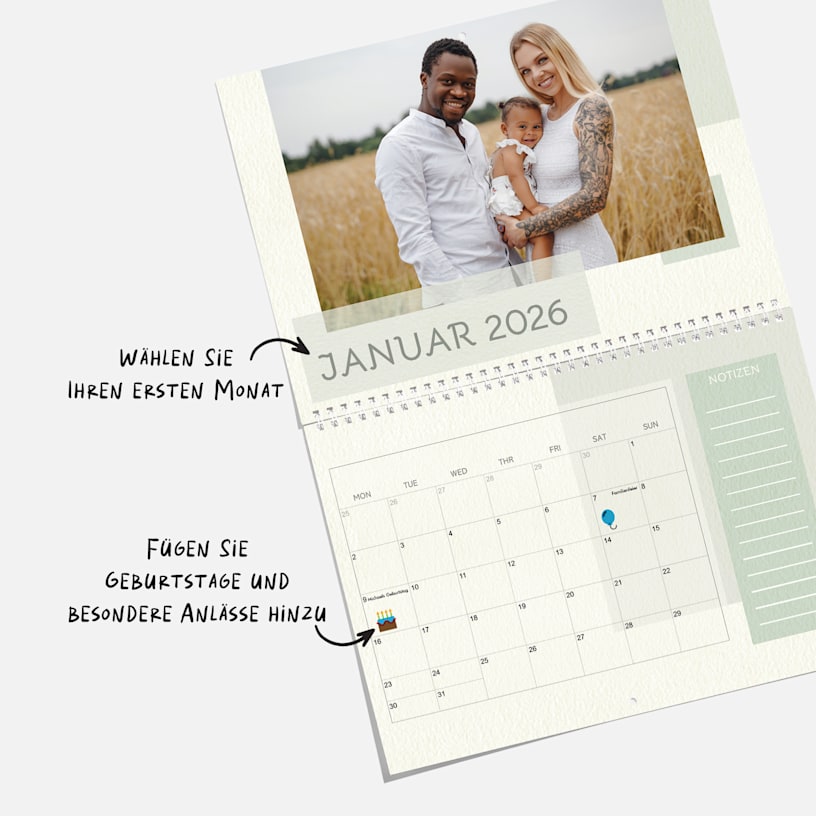 Eigener Fotokalender mit dem Bild einer Familie. Hinweise auf freie Wahl des Startmonats und Eintrag eigener Ereignisse.  
