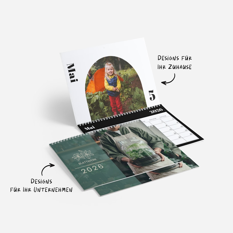 2 personalisierte Wandkalender 2026 mit Fotos. Es wird auf die Vielseitigkeit der privaten oder geschäftlichen Nutzung hingewiesen. 