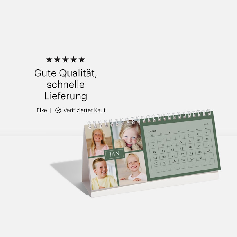 Ein personalisierter Schreibtischkalender mit Kinderfotos und einer Benutzerbewertung.