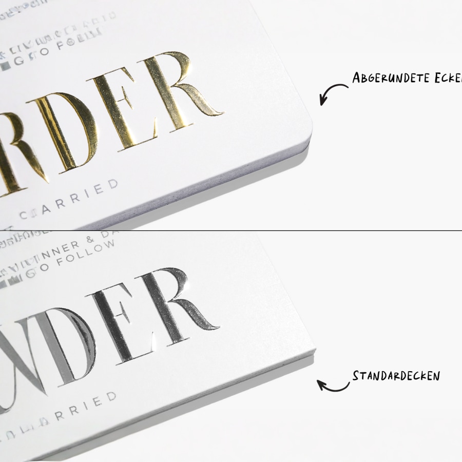 Visitenkarten mit goldener und silberner Folienprägung zeigen die Ansicht abgerundeter und kantiger Ecken.