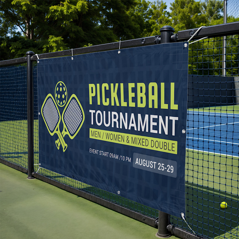 A horizontal mesh banner promoting a pickleball tournament.