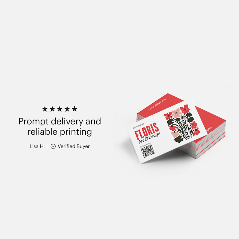 A customer review for next day business cards, which reads: "Prompt delivery and reliable printing."