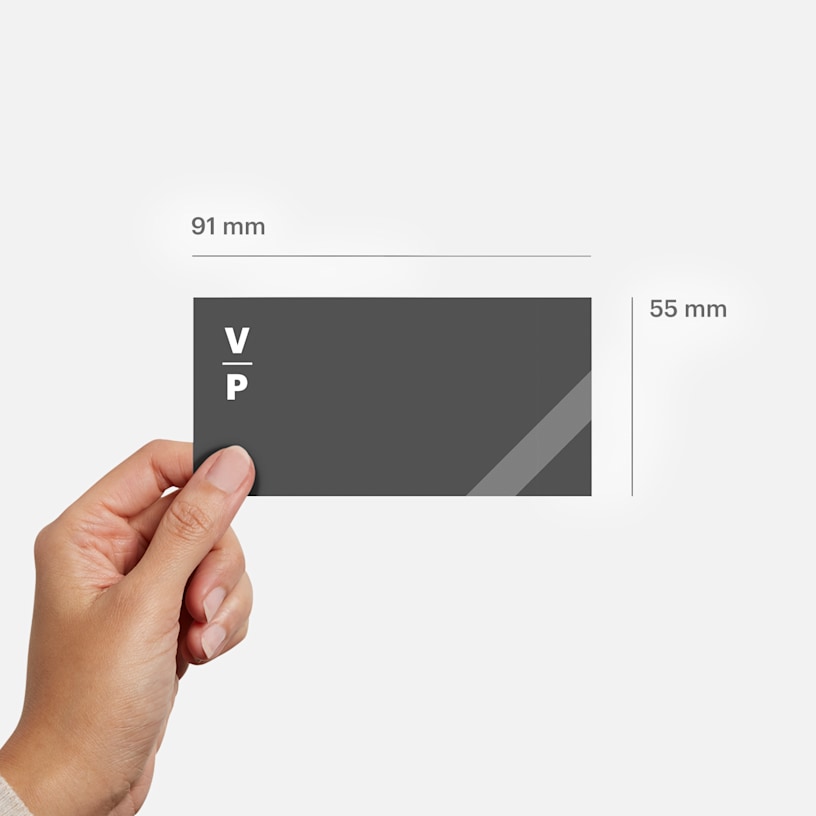 A business card measuring 55 x 91 mm.