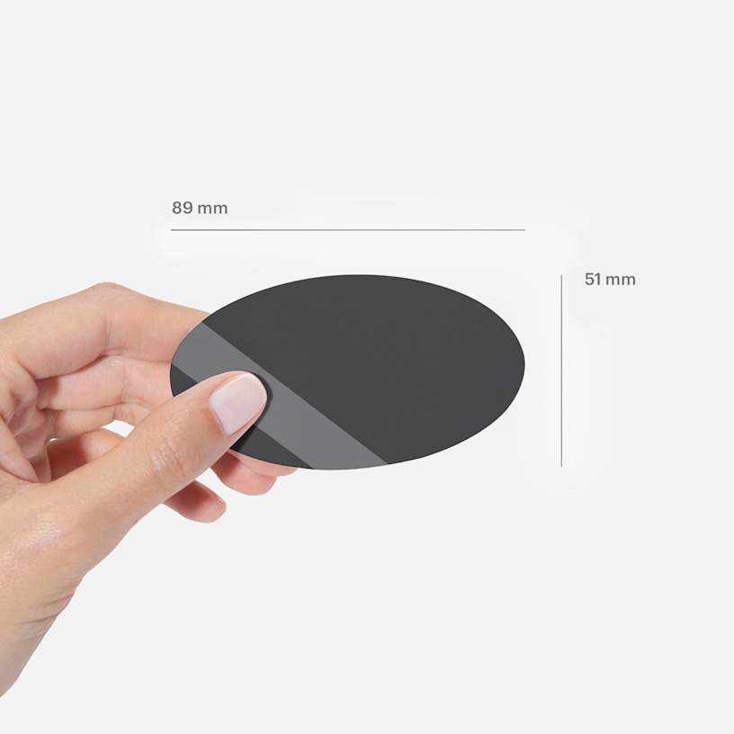 An oval shaped business card measuring 89 x 55 mm.