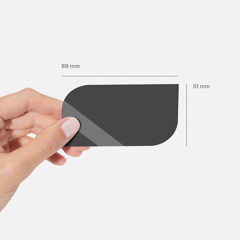 A leaf shaped business card measuring 89 x 51 mm.