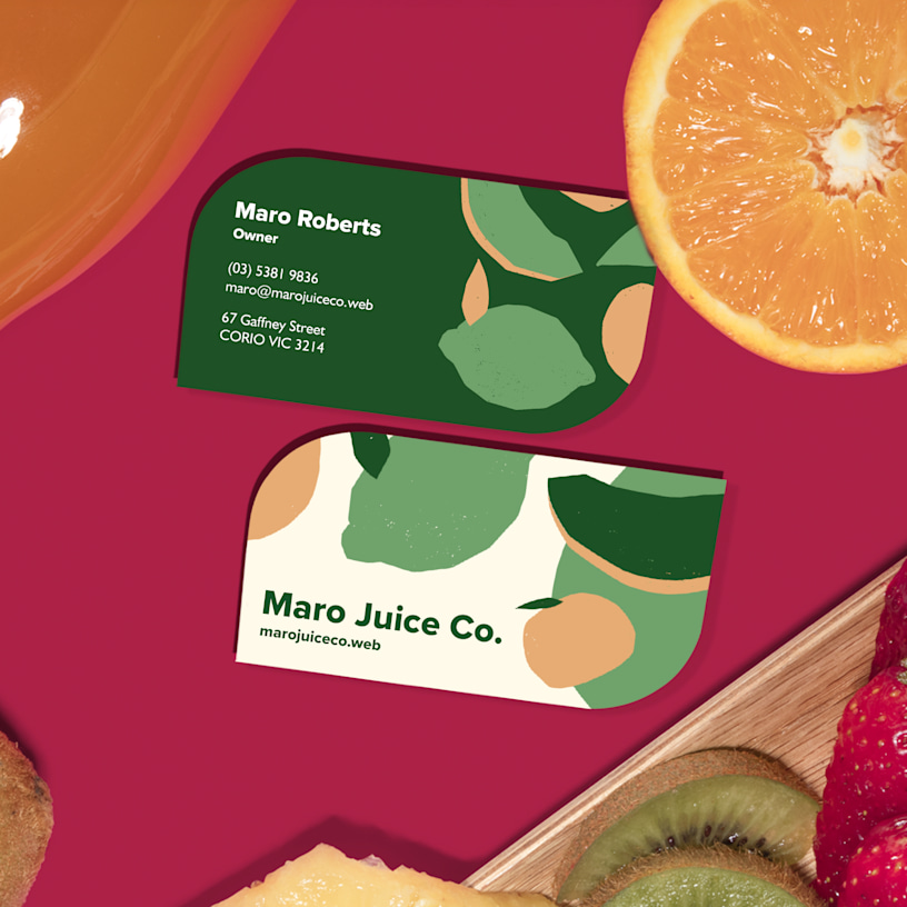 Leaf shaped business cards promoting a beverage business, with an illustrated logo on the back.  