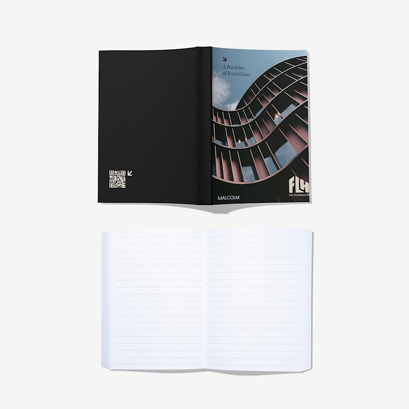 Three perfect bound notebooks side by side: one promoting a wellness boutique, one promoting a financial consultancy, and a personalised journal.