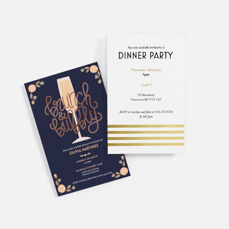 navy blue brunch party invitation and white and gold dinner party invitation